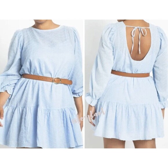 Eloquii Dress Womens sz 14 Crepe Tiered Mini Belted Textured feminine fairy New - Picture 1 of 15